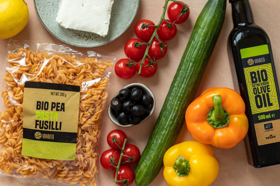 Ingredients for Greek pasta salad