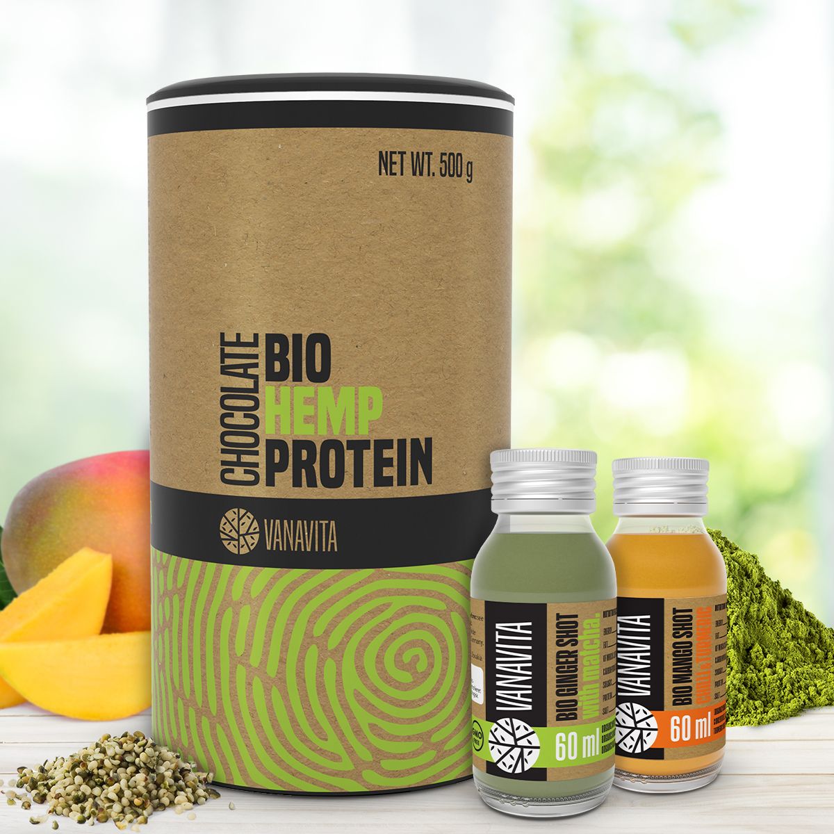 Organic Vegan Peeled Hemp Seeds On A Plate In Front Of The Packaging On White Background