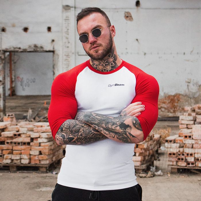 Men's T-shirt Fitted Sleeve White Red - GymBeam