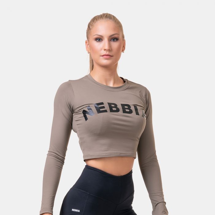 Women‘s T-shirt Crop Top Sporty Hero Long Sleeves Mocha - NEBBIA