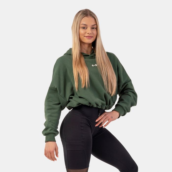 Women‘s Loose Fit Hoodie Crop Iconic Dark Green - NEBBIA
